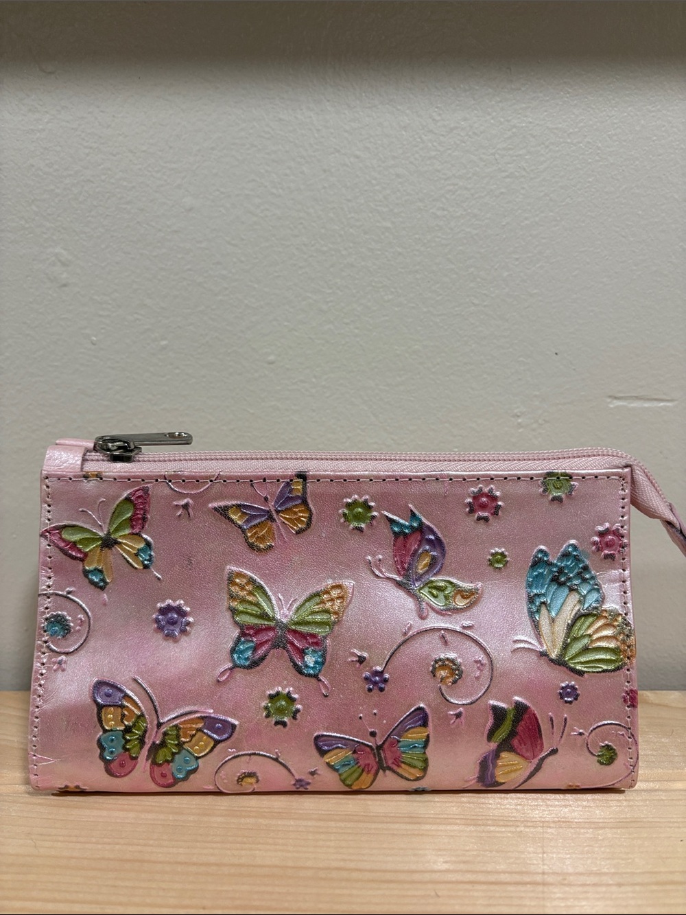 Pink Butterfly Embossed Wristlet Wallet